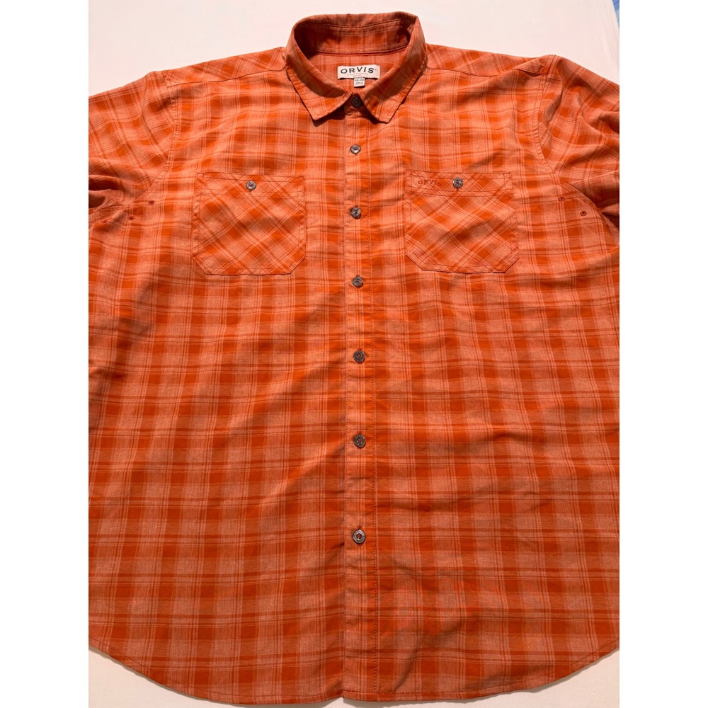 Orvis Mens XXL Orange Plaid Short Sleeve Button Up Fishing Hiking Shirt